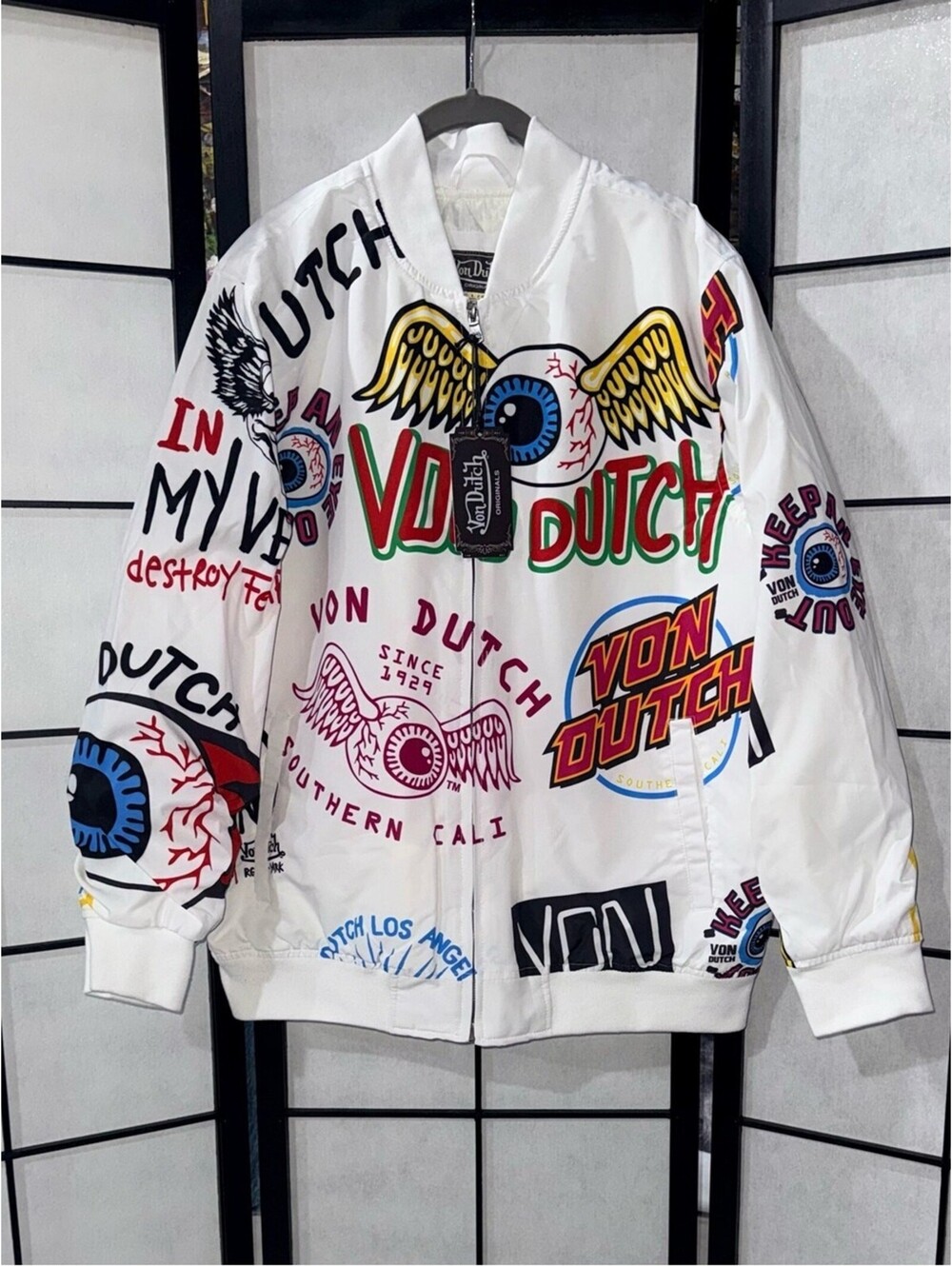 Von Dutch Originals All Over Icon Print Puffer Bomber Jacket Large NWT